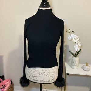 Black Turtleneck Sweater with Fur Cuffs